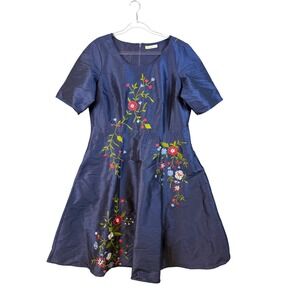 Wayward Fancies eShakti Navy Floral Embroidered Dupioni Fit Flare Dress 4025518